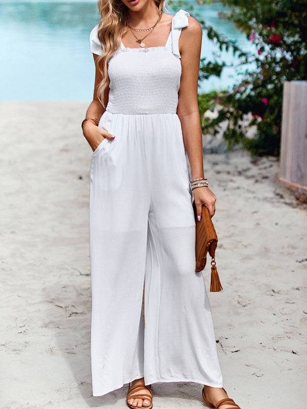 Neue temperamentvolle lässige einfarbige hohe Taille Wickelbrust Hosenträger Overall weite Beinhose