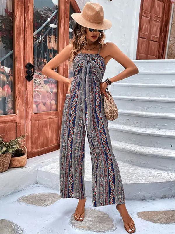Damen Jumpsuit mit Hosenträgern und Schnürung im Bohemian-Stil