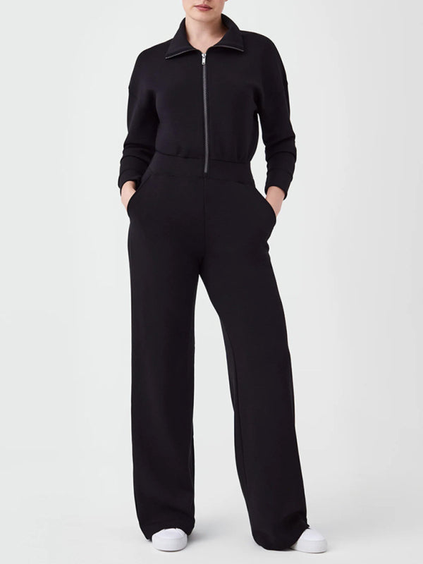 Langärmliger Jumpsuit mit Revers und Reißverschluss für Damen mit weitem Bein