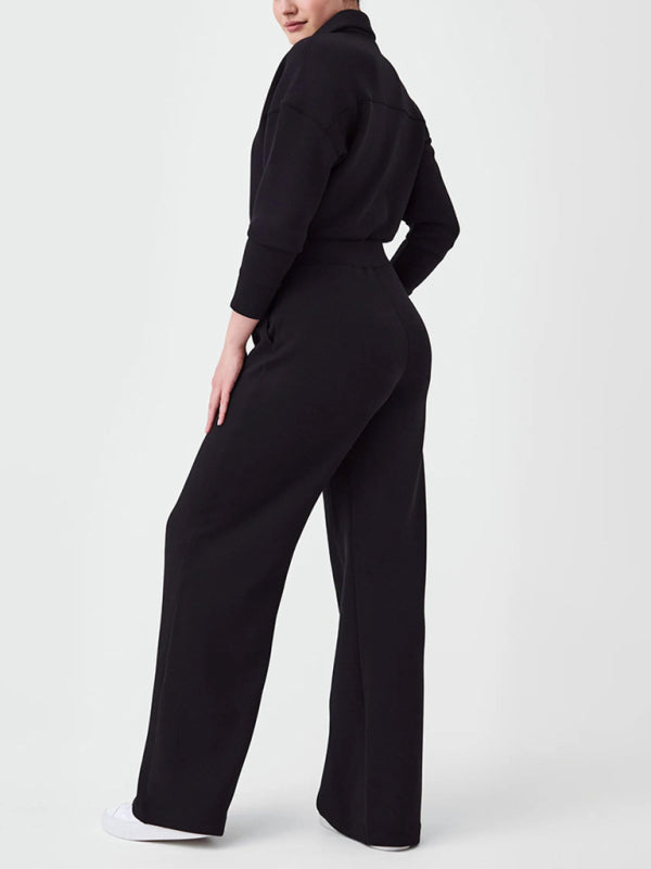Langärmliger Jumpsuit mit Revers und Reißverschluss für Damen mit weitem Bein