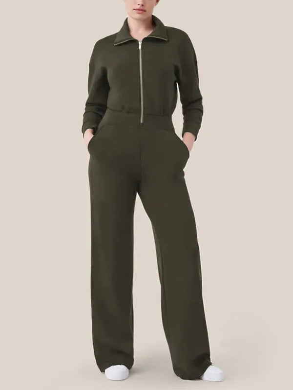 Langärmliger Jumpsuit mit Revers und Reißverschluss für Damen mit weitem Bein