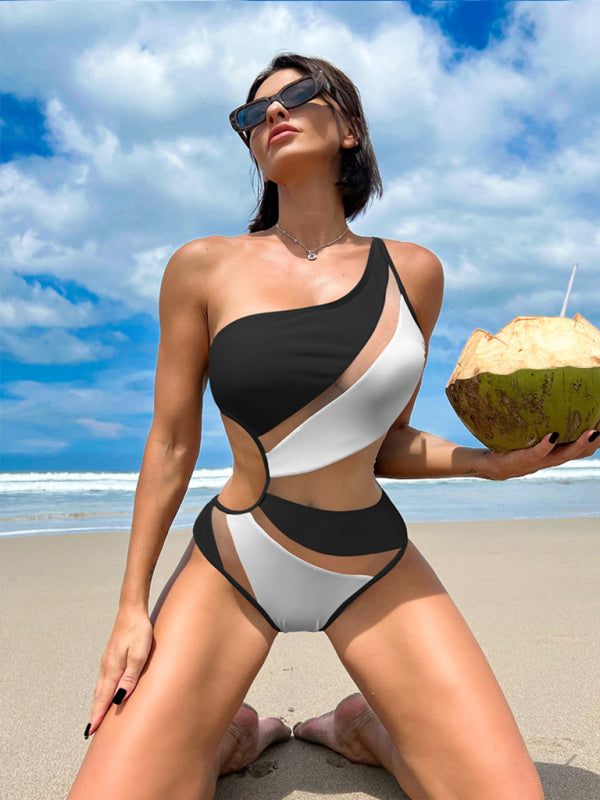 Neuer einfarbiger, hohler Mesh-Sexy-Bikini-Einteiler-Badeanzug