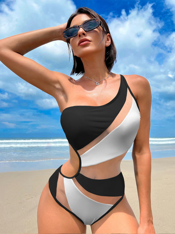 Neuer einfarbiger, hohler Mesh-Sexy-Bikini-Einteiler-Badeanzug