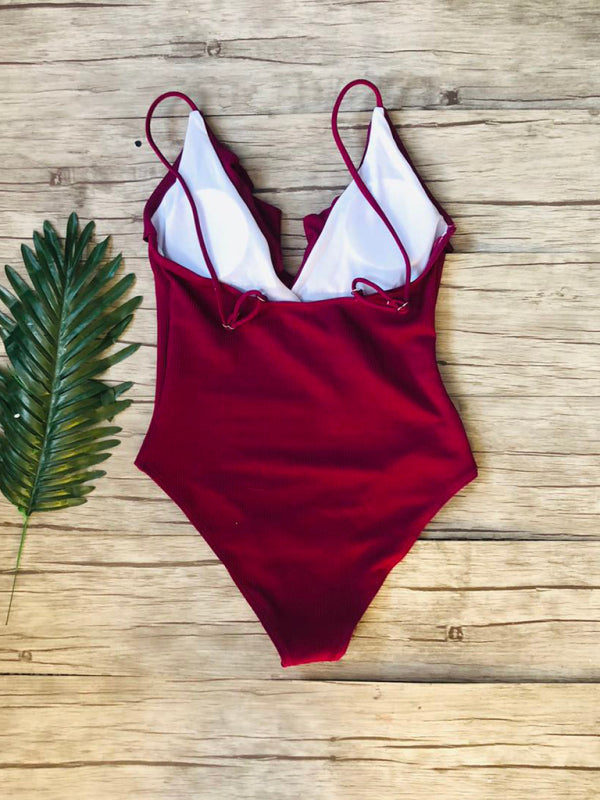 Neuer Bikini einfarbig einteiliger Rüschen sexy Schulter Badeanzug