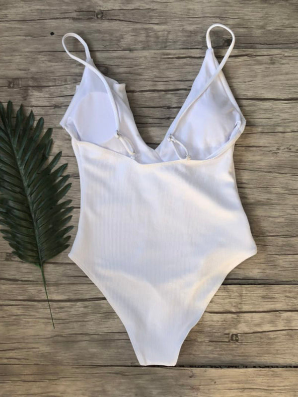 Neuer Bikini einfarbig einteiliger Rüschen sexy Schulter Badeanzug