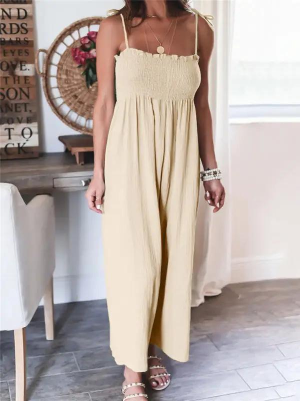 Combinaison taille haute froncée sans manches pour femme, couleur unie