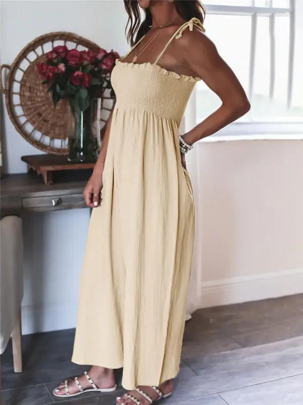 Combinaison taille haute froncée sans manches pour femme, couleur unie