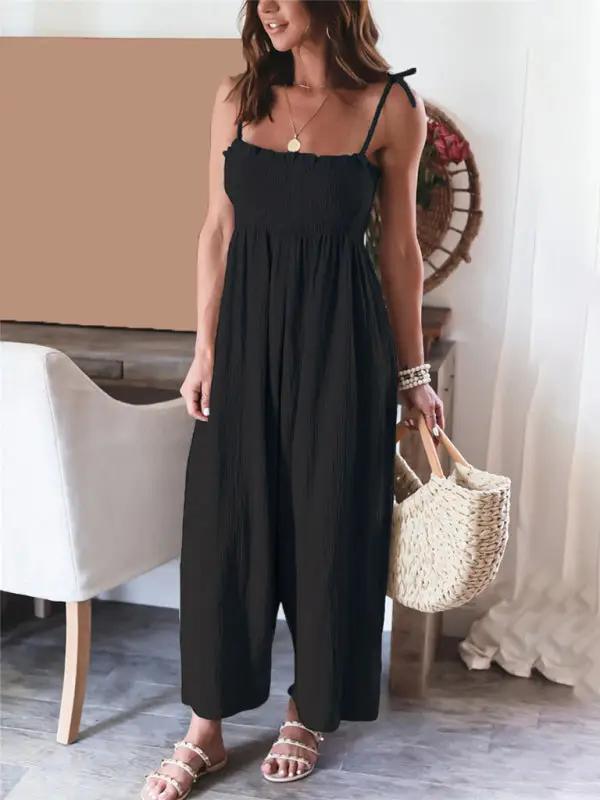 Combinaison taille haute froncée sans manches pour femme, couleur unie
