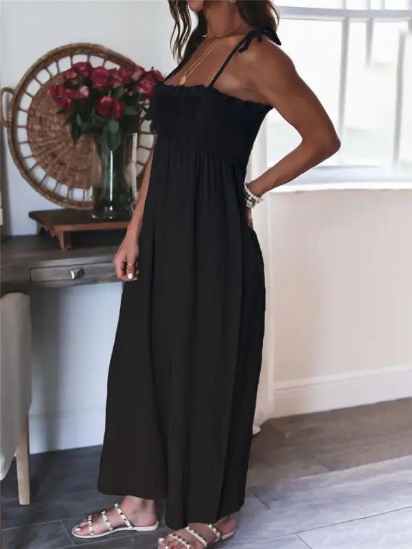 Combinaison taille haute froncée sans manches pour femme, couleur unie
