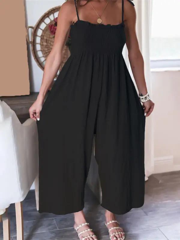 Combinaison taille haute froncée sans manches pour femme, couleur unie