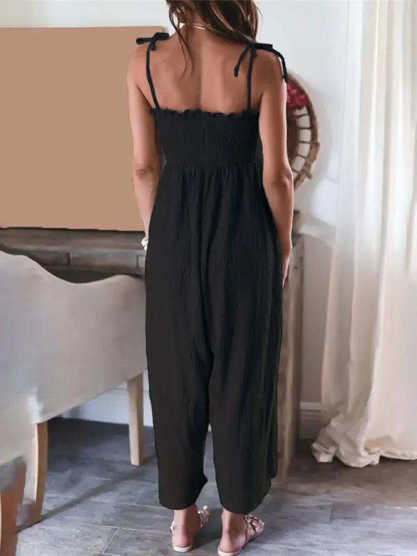 Combinaison taille haute froncée sans manches pour femme, couleur unie
