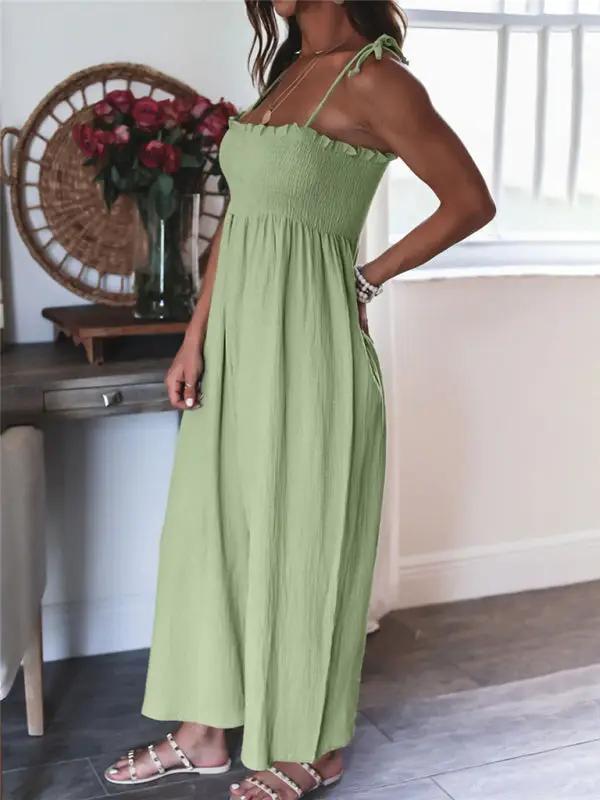 Combinaison taille haute froncée sans manches pour femme, couleur unie