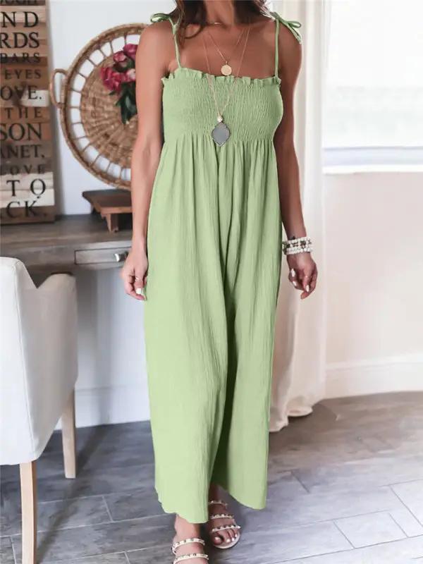 Combinaison taille haute froncée sans manches pour femme, couleur unie