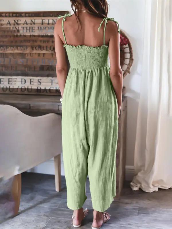 Combinaison taille haute froncée sans manches pour femme, couleur unie