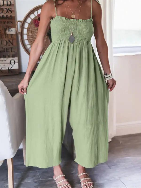 Combinaison taille haute froncée sans manches pour femme, couleur unie