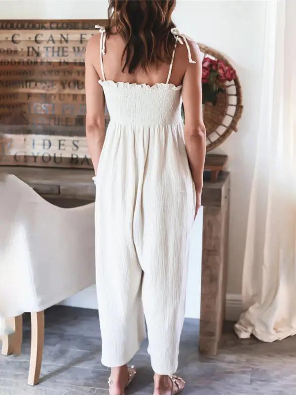 Combinaison taille haute froncée sans manches pour femme, couleur unie