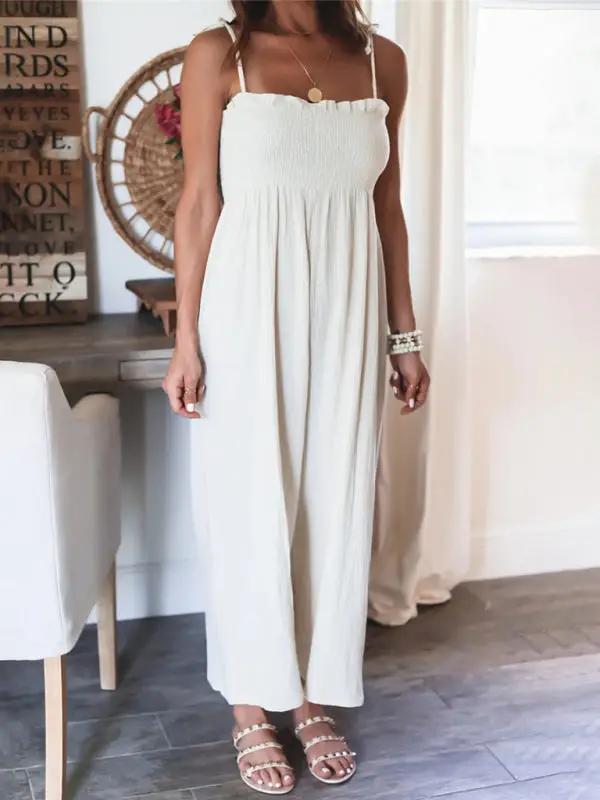 Combinaison taille haute froncée sans manches pour femme, couleur unie