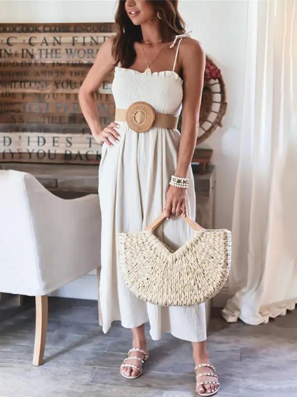 Combinaison taille haute froncée sans manches pour femme, couleur unie