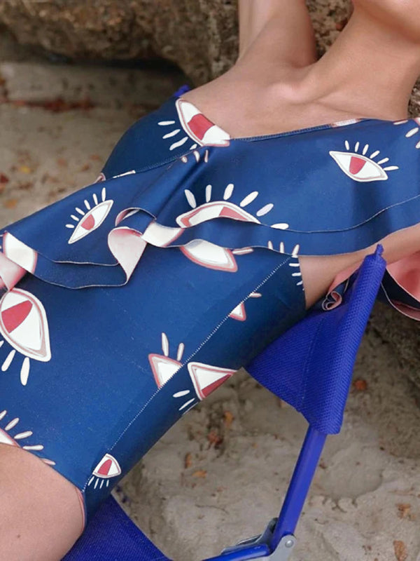 Neuer einteiliger Badeanzug/geteilter Bikini mit Rüschen und Teufelsauge