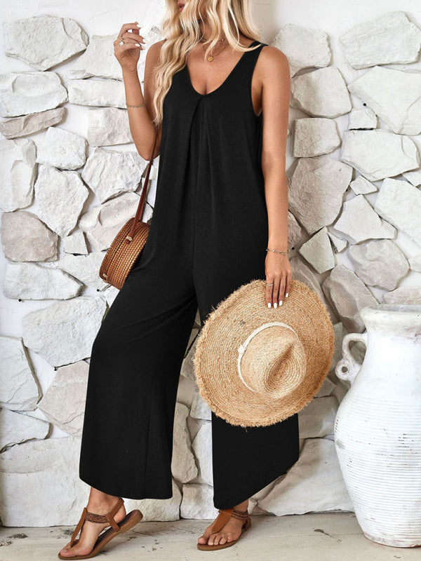 Lässiger ärmelloser Jumpsuit mit V-Ausschnitt und weitem Bein und Taschen