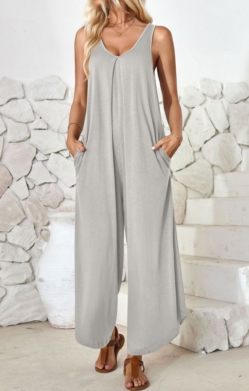 Lässiger ärmelloser Jumpsuit mit V-Ausschnitt und weitem Bein und Taschen