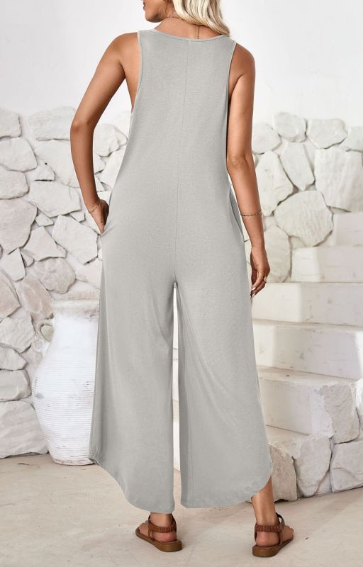 Lässiger ärmelloser Jumpsuit mit V-Ausschnitt und weitem Bein und Taschen