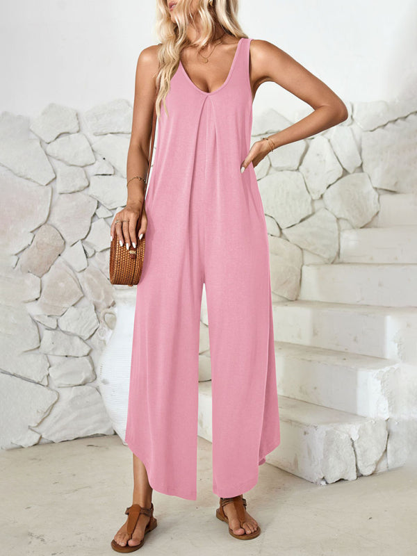 Lässiger ärmelloser Jumpsuit mit V-Ausschnitt und weitem Bein und Taschen