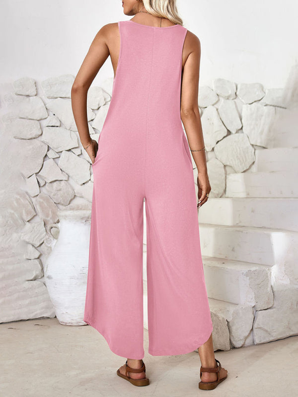 Lässiger ärmelloser Jumpsuit mit V-Ausschnitt und weitem Bein und Taschen