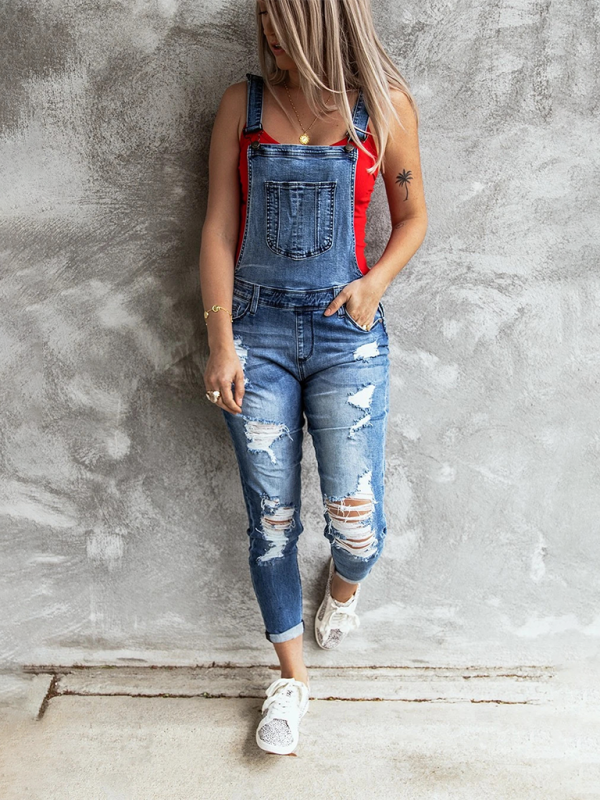 Vintage-Latzhose aus zerrissenem Stretch-Jeansstoff