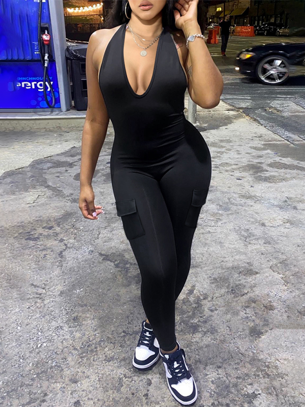 Neuer sexy rückenfreier Neckholder-V-Ausschnitt mit Taschen für Damen, hüfthebender Sport-Overall