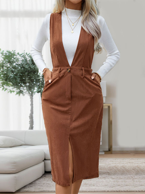 Jupe salopette mi-longue décontractée de couleur unie pour femme