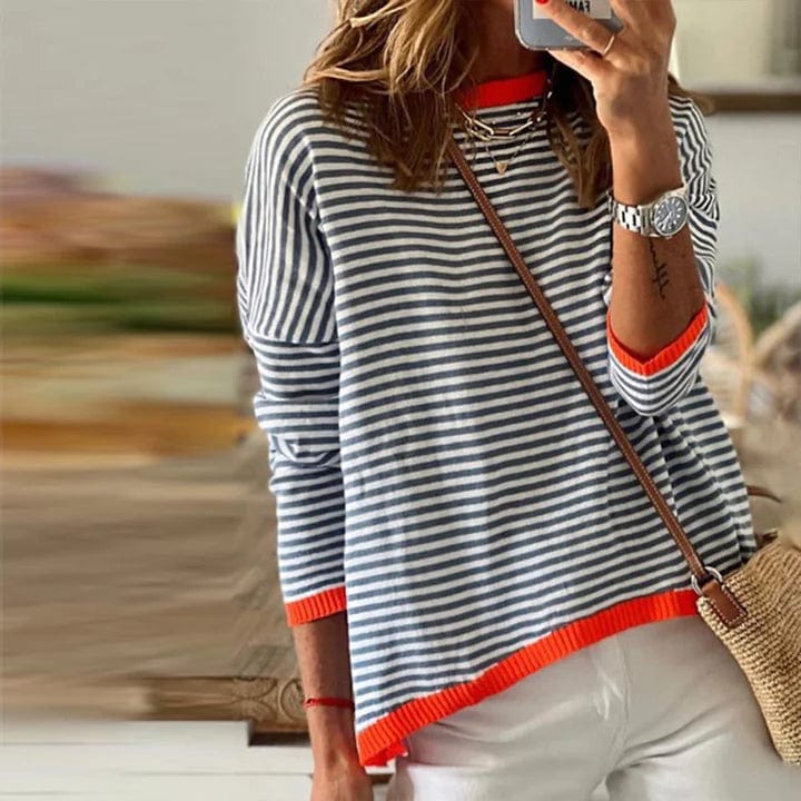 Riley - Pull rayé bleu avec bordure orange