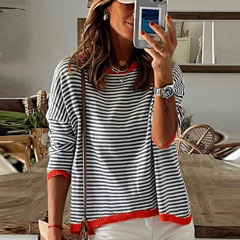 Riley - Pull rayé bleu avec bordure orange