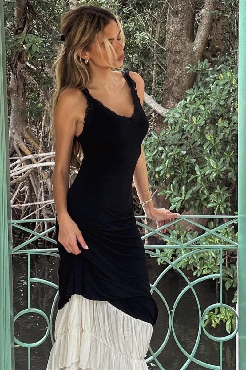 Irene Maxikleid mit V-Ausschnitt und Spitzenbesatz
