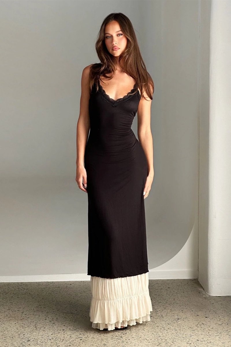Irene Maxikleid mit V-Ausschnitt und Spitzenbesatz