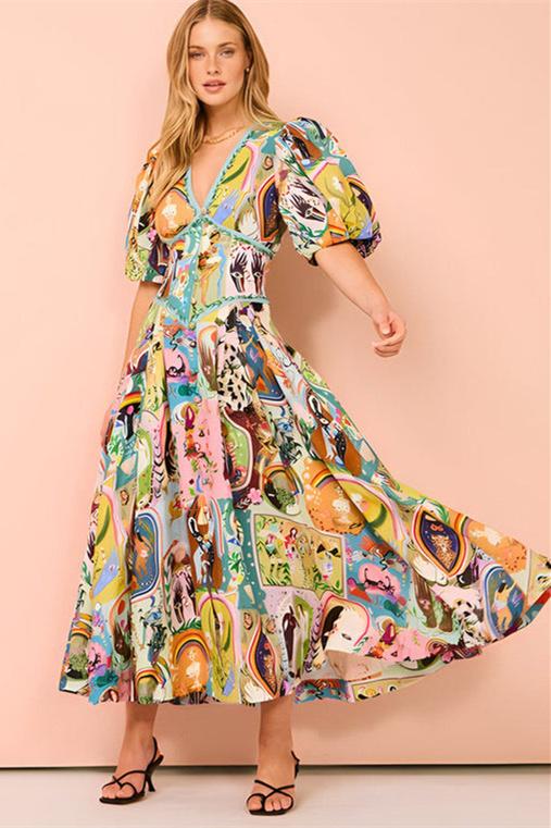 Juliana Midikleid mit V-Ausschnitt und Puffärmeln