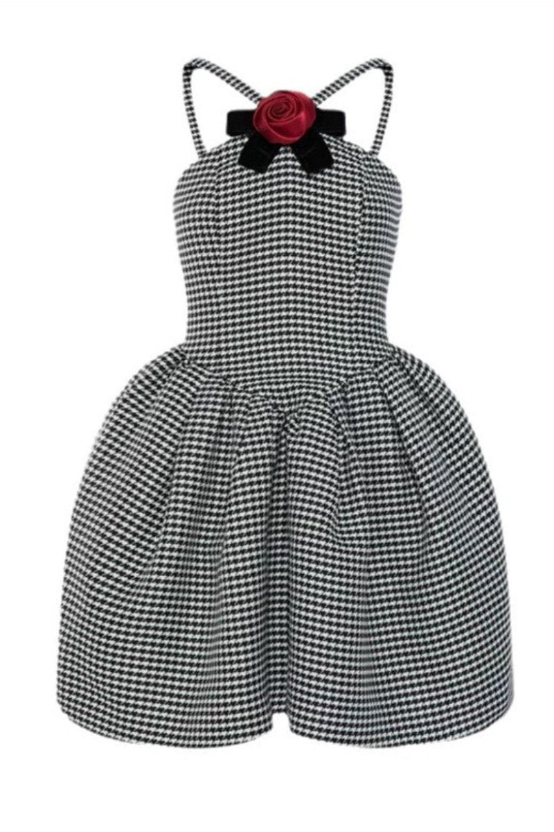 Mona A-Linien-Minikleid mit Hahnentritt-Rosenschleifenbesatz