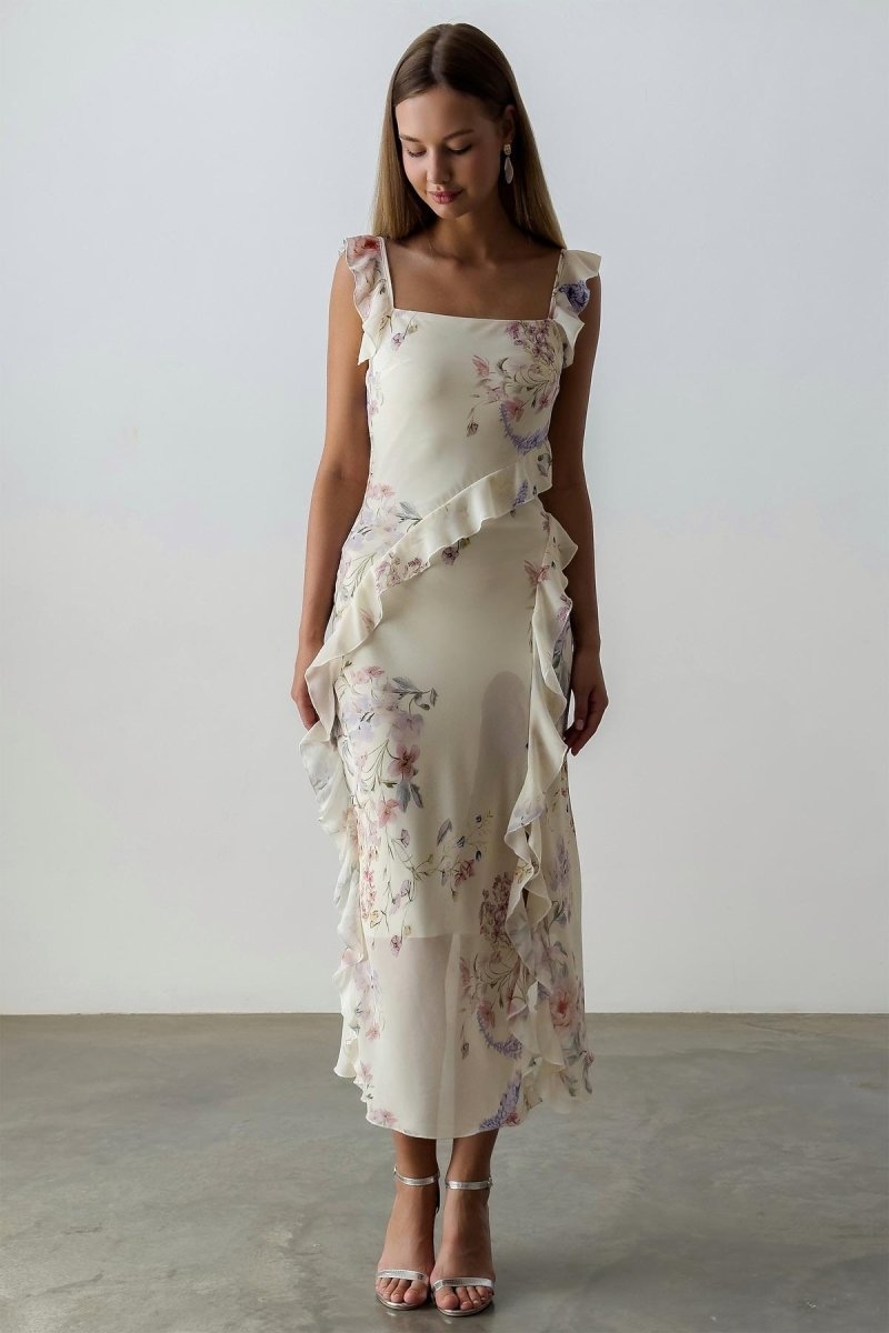 Naomi – Camisole-Midikleid mit Schlitz und Blumenmuster, Rüschenbesatz
