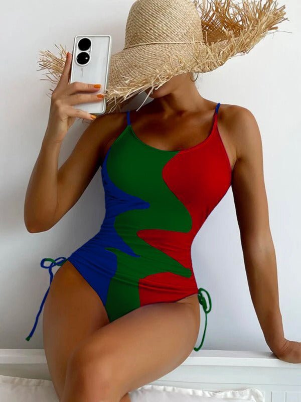 Nouveau maillot de bain une pièce avec coutures multicolores, cordon de serrage et maillot de bain femme ondulé
