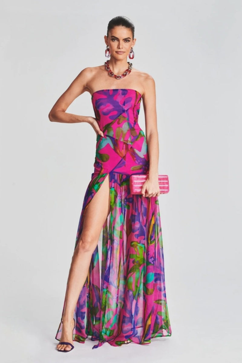 Trägerloses Maxikleid mit Schlitz und Print „Pam“