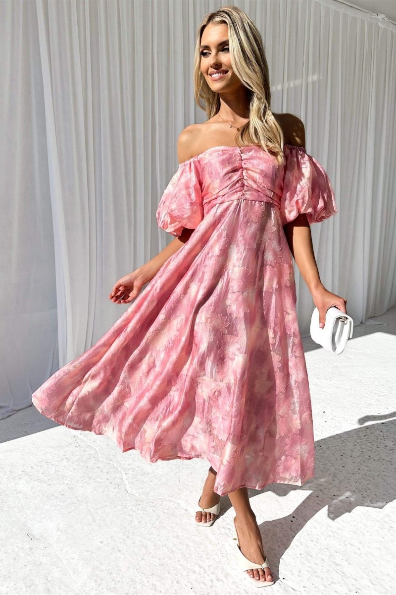 Patricia – Schulterfreies Midikleid mit Puffärmeln