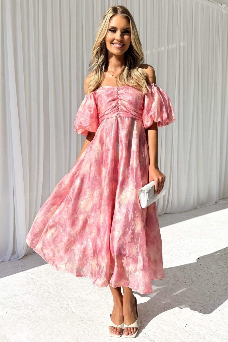 Patricia – Schulterfreies Midikleid mit Puffärmeln