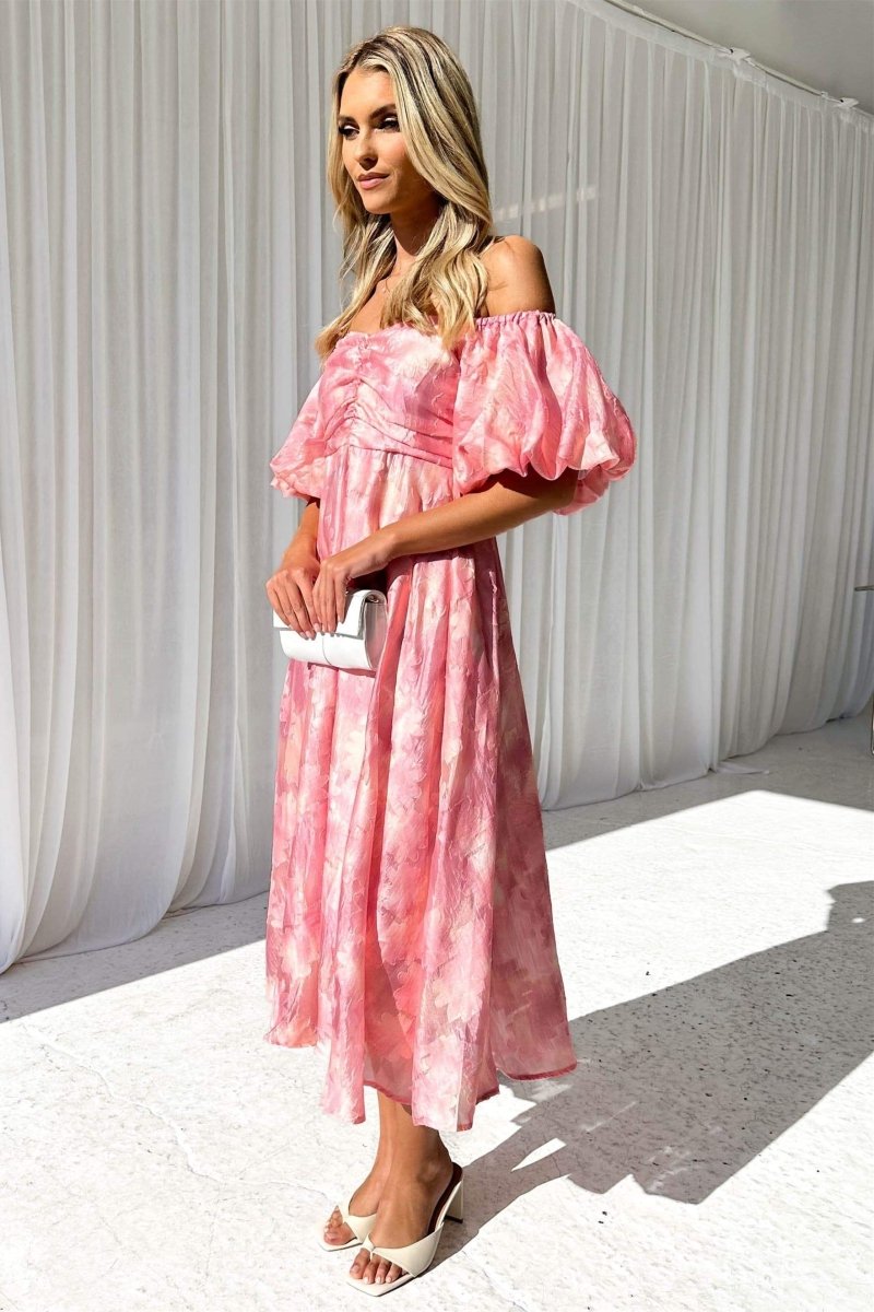 Patricia – Schulterfreies Midikleid mit Puffärmeln