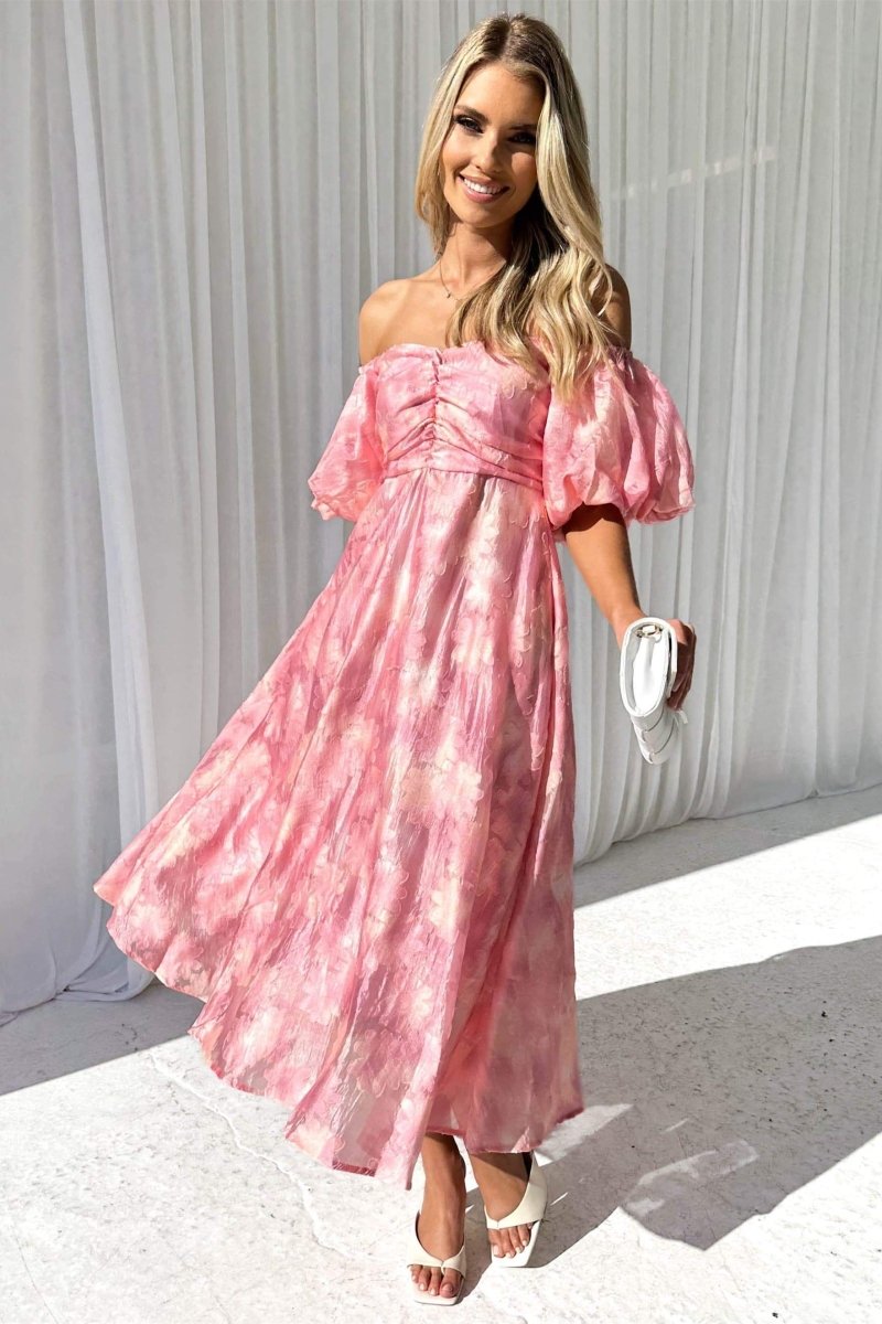 Patricia – Schulterfreies Midikleid mit Puffärmeln