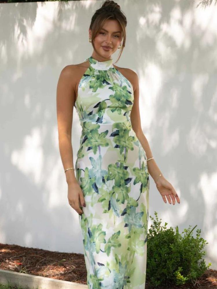 Bedrucktes Neckholder-Midikleid aus rückenfreiem Satin „Gill“