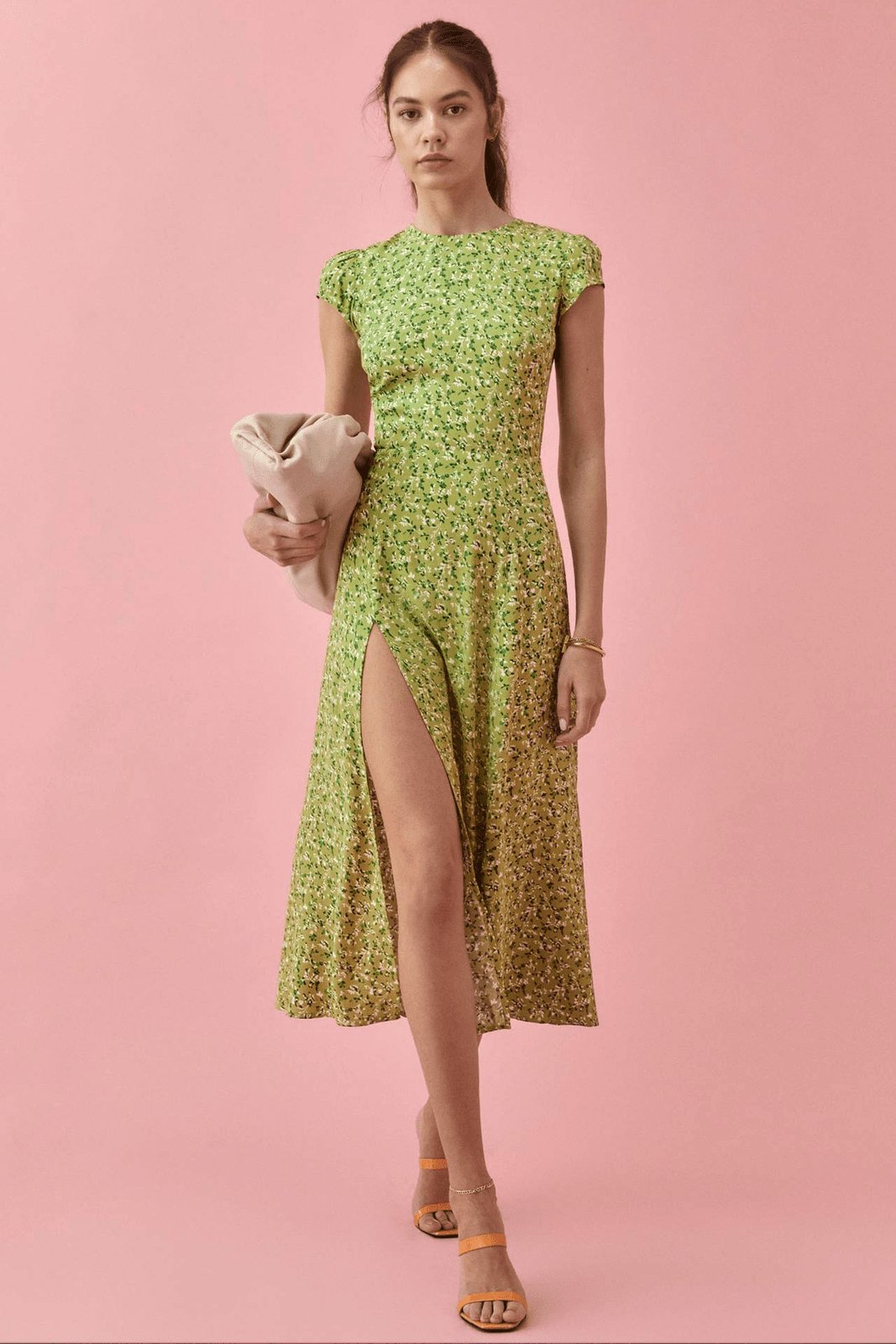 Rachel bedrucktes Midi-Sommerkleid mit Rundhalsausschnitt und Schlitz