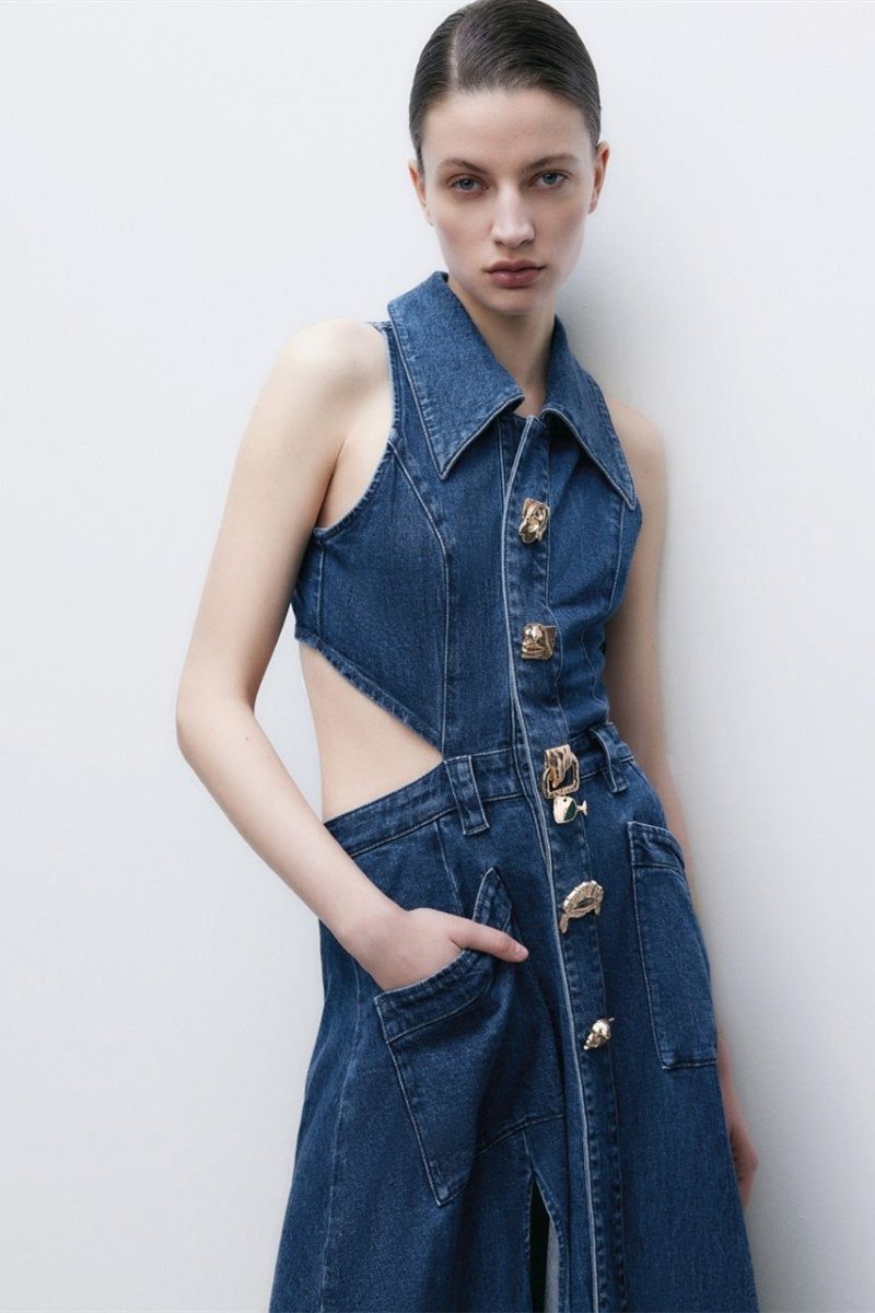 Regina Maxi-Jeanskleid mit Reverskragen und Cut-outs