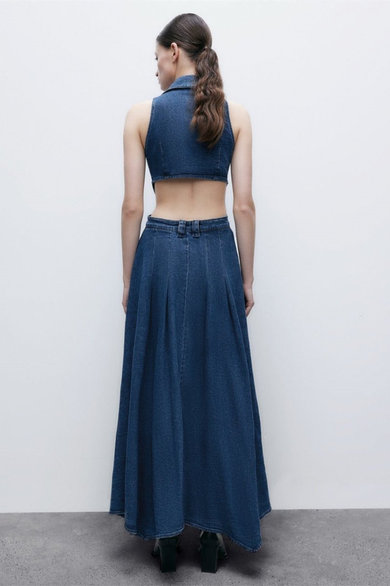 Regina Maxi-Jeanskleid mit Reverskragen und Cut-outs