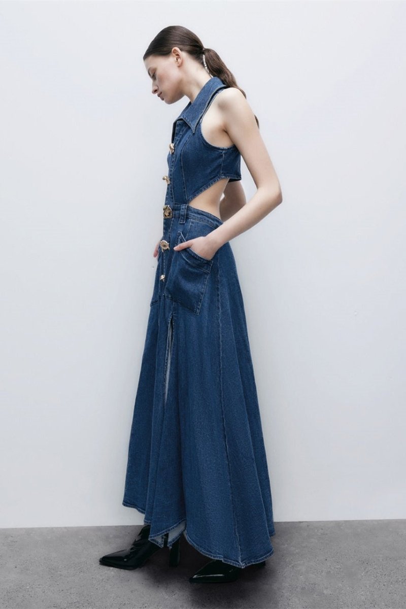 Regina Maxi-Jeanskleid mit Reverskragen und Cut-outs