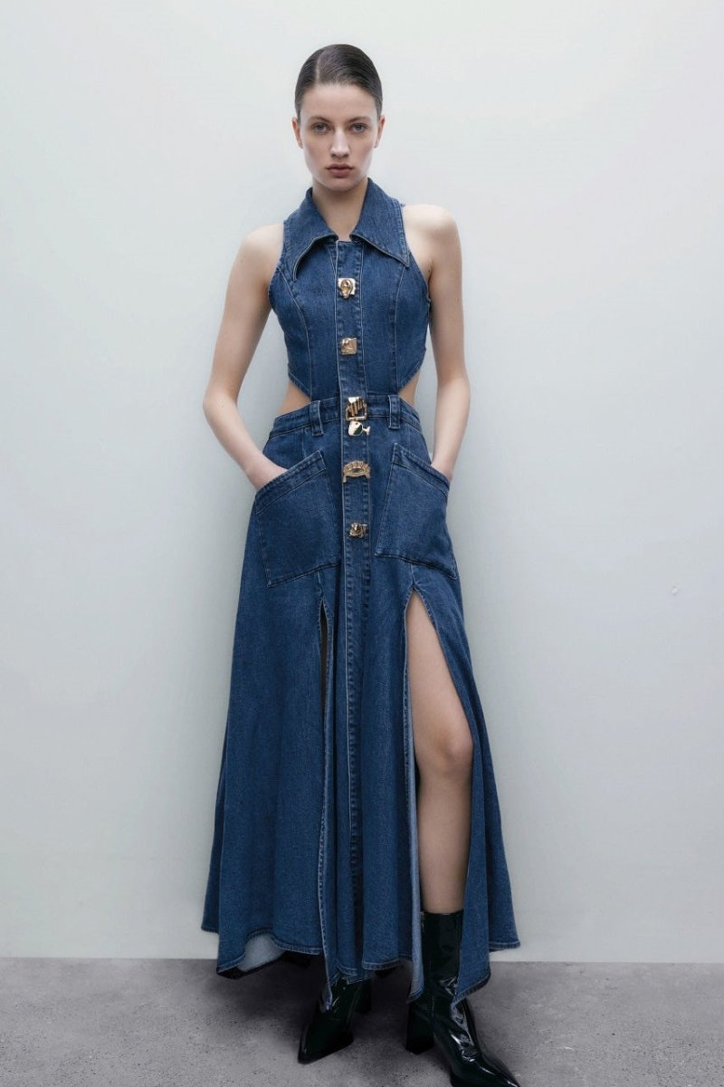 Regina Maxi-Jeanskleid mit Reverskragen und Cut-outs